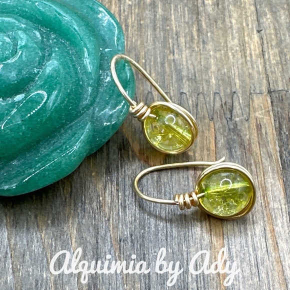Green watermelon Tourmaline spheres dangle drop gold statement colorful earrings - Picture 3 of 5